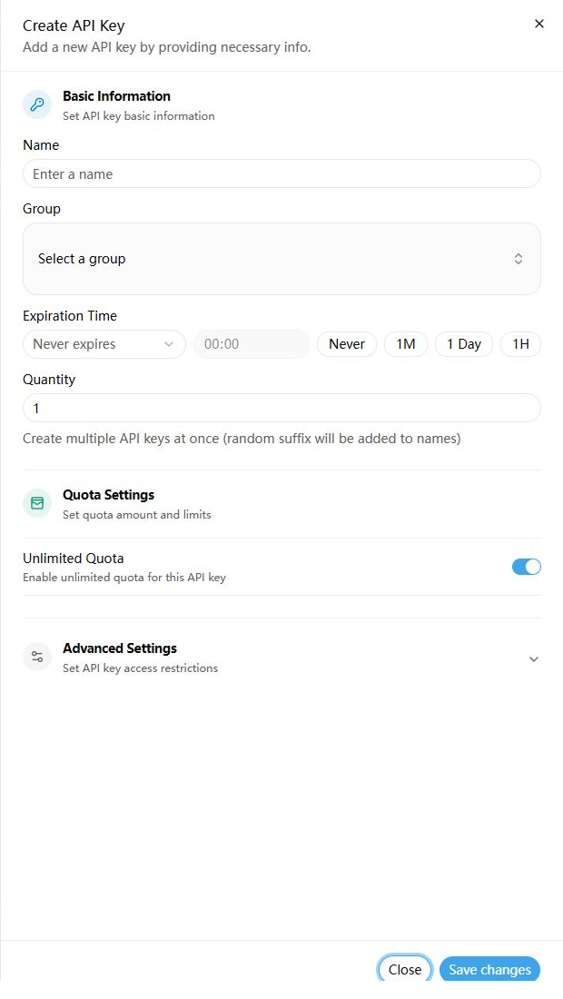 English Sprelay create API key form with group, expiration, quota, and advanced restrictions