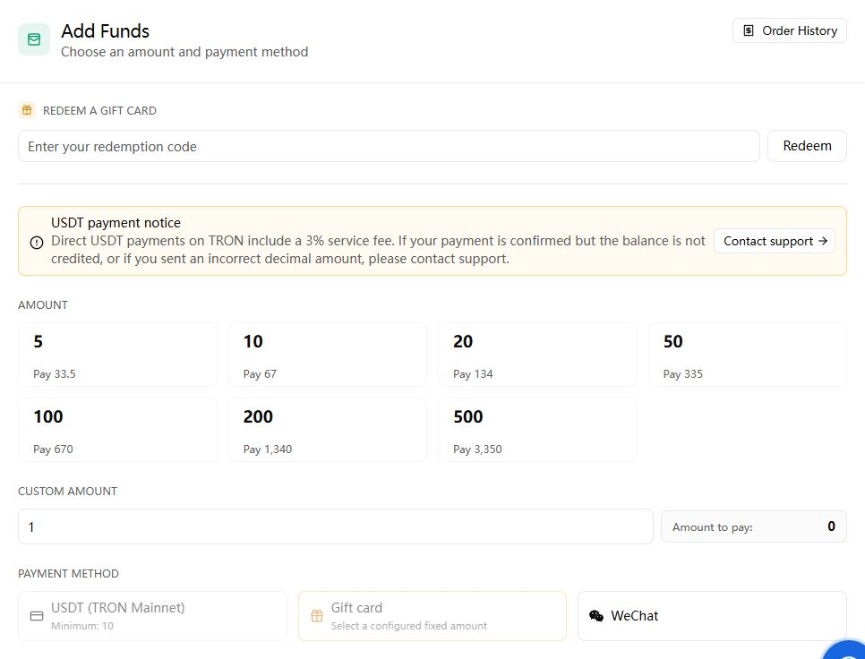 English Sprelay wallet add-funds area with amount and payment options
