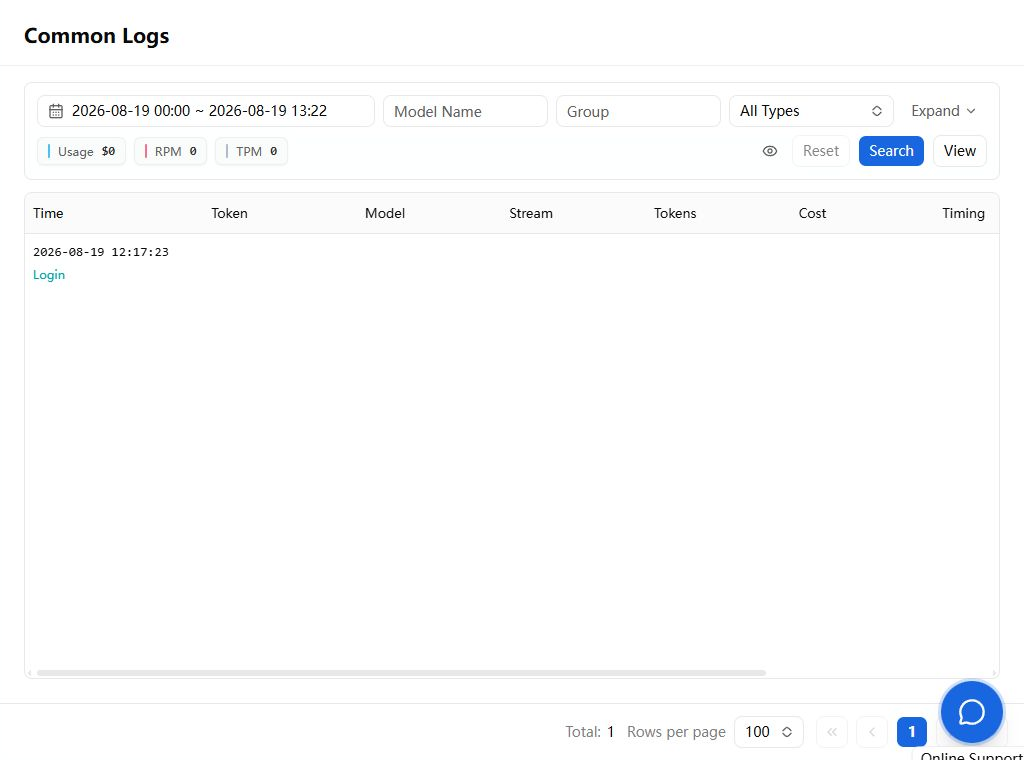 English Sprelay usage log table with filters, model, tokens, cost, and timing columns